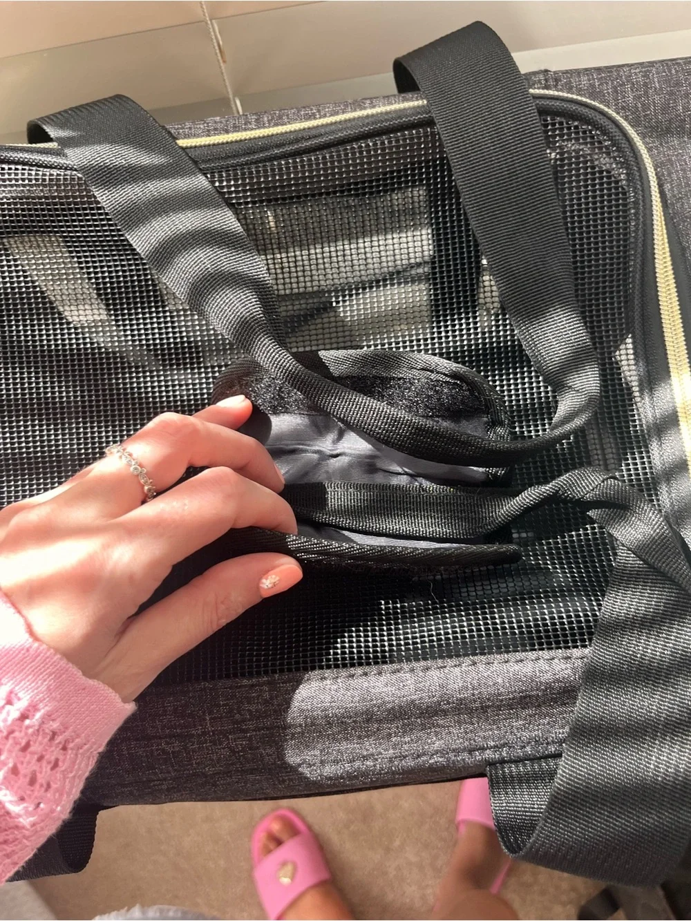 Small Pet Black and Gold Travel Carry Bag with Mesh Front